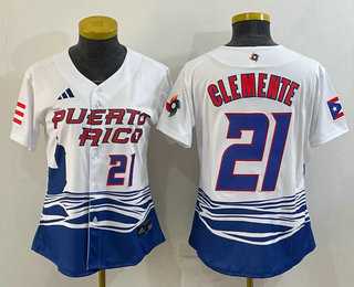 Women%27s Puerto Rico Baseball #21 Roberto Clemente Number 2023 White World Classic Stitched Jerseys->2023 world baseball classic->MLB Jersey
